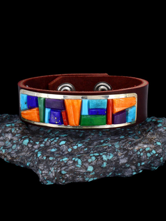 Native American Inlay Multistone Leather Bracelet