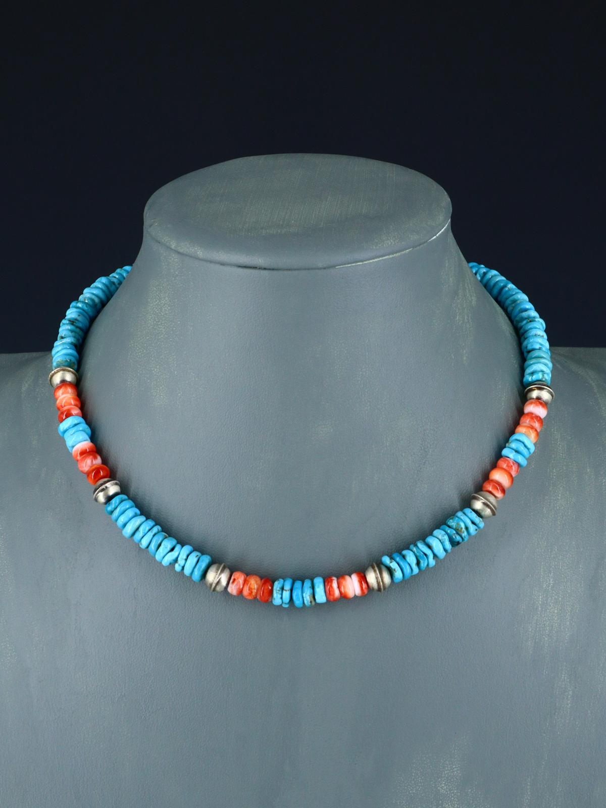 Native American Jewelry Single Strand Turquoise and Spiny Oyster Necklace