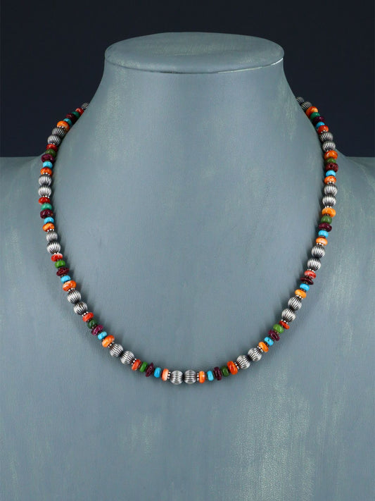 Native American Spiny Oyster and Turquoise Silver Beaded Necklace