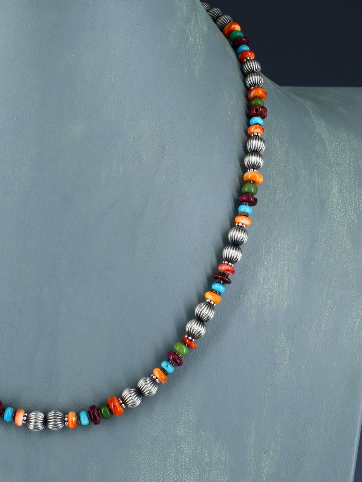 Native American Spiny Oyster and Turquoise Silver Beaded Necklace