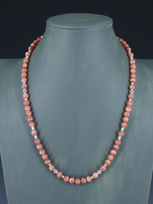 Native American Rhodochrosite and Sterling Silver Bead Necklace