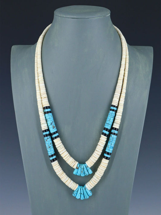 Native American Santo Domingo Turquoise and White Shell Necklace