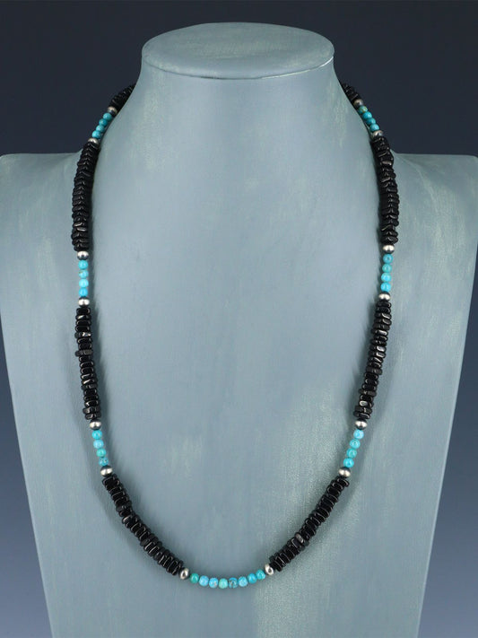 24" Native American Single Strand Jet and Turquoise Necklace