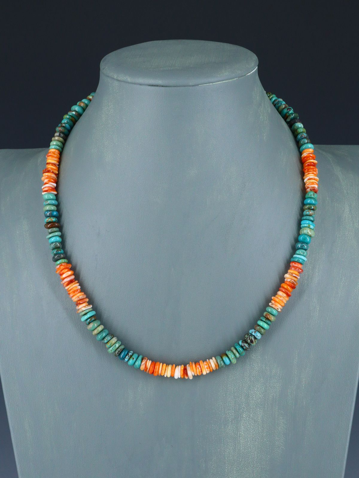 19" Native American Single Strand Turquoise and Spiny Oyster Necklace