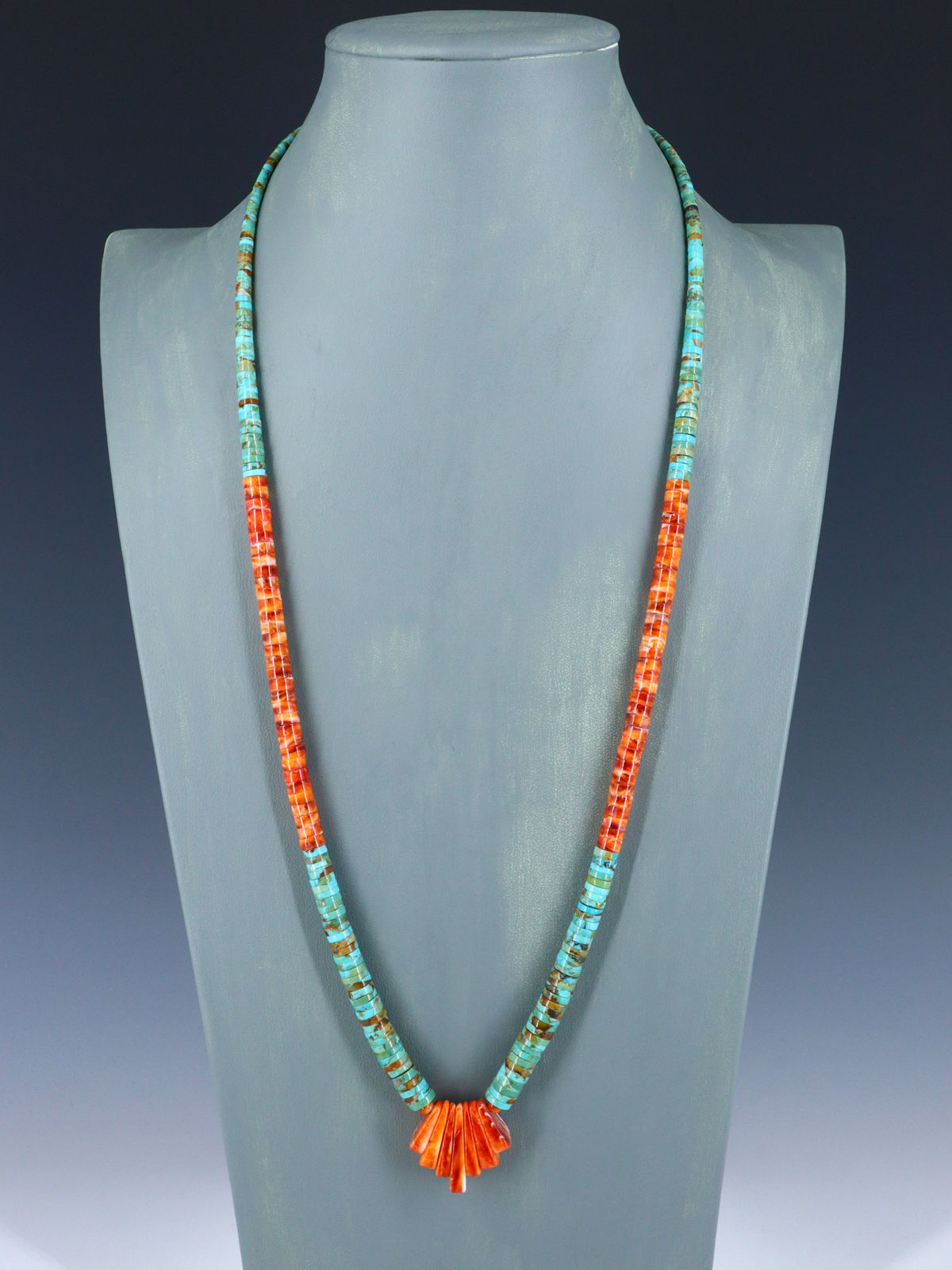 Native American Jewelry Single Strand Orange Spiny Oyster and Turquoise Necklace