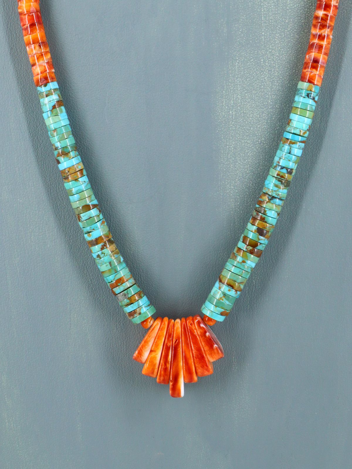 Native American Jewelry Single Strand Orange Spiny Oyster and Turquoise Necklace