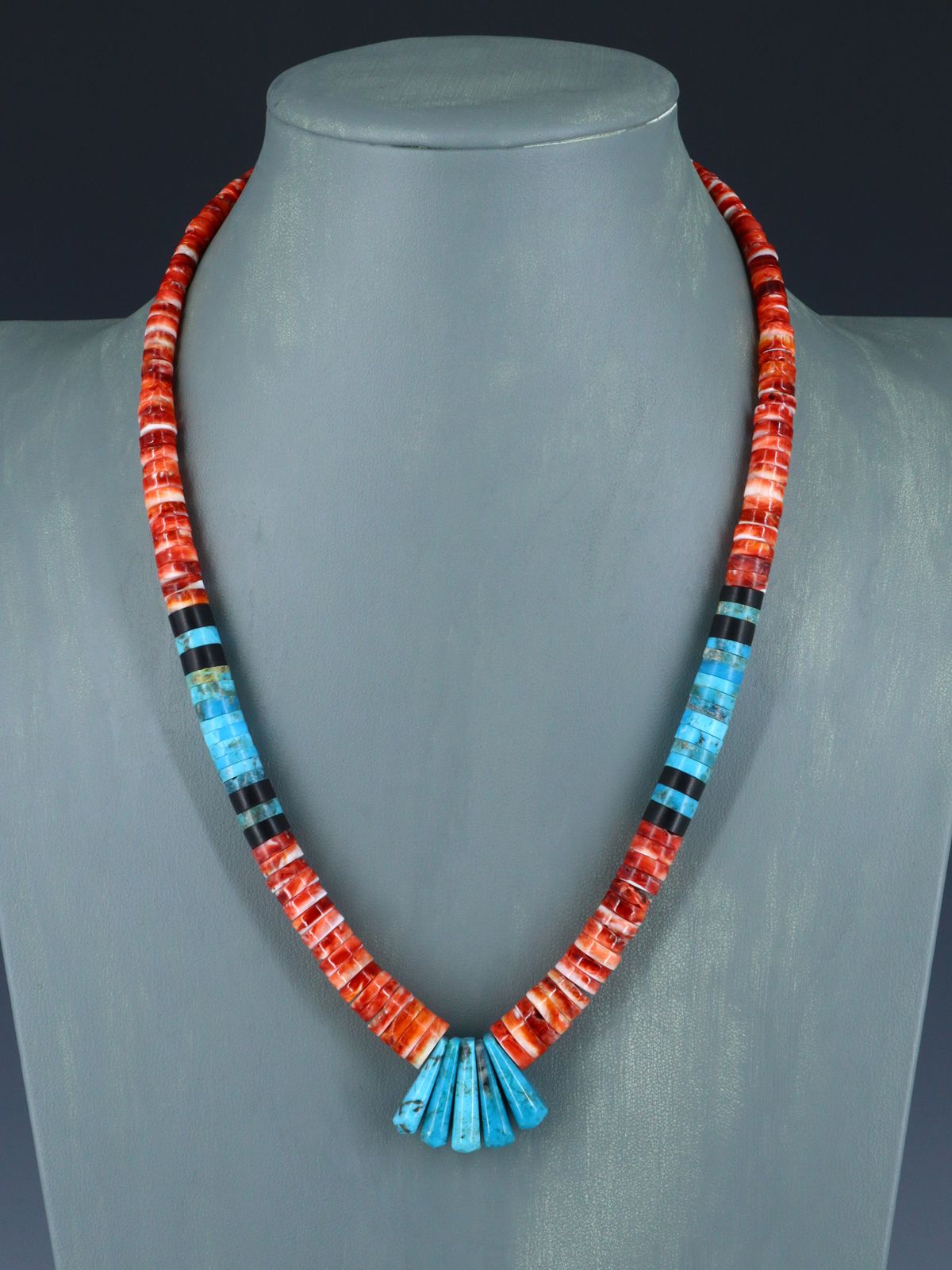 Native American Jewelry Single Strand Red Spiny Oyster and Turquoise Necklace