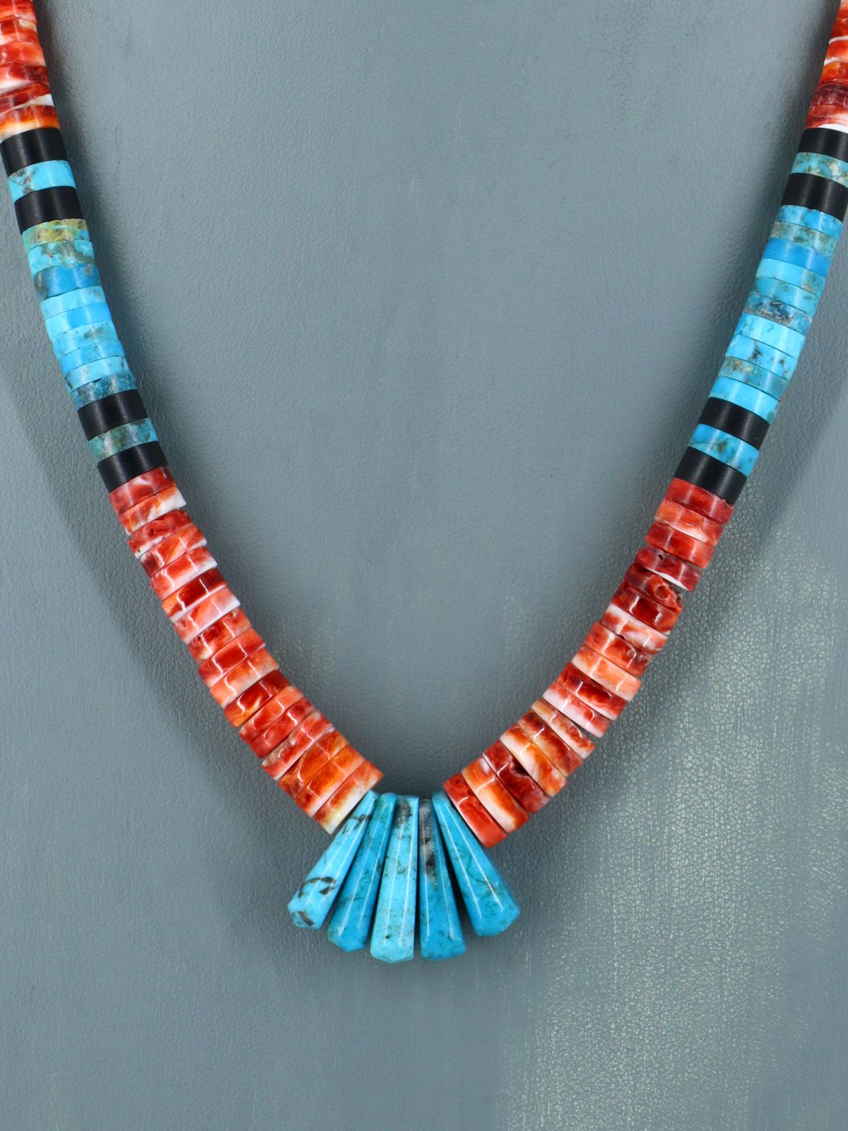 Native American Jewelry Single Strand Red Spiny Oyster and Turquoise Necklace