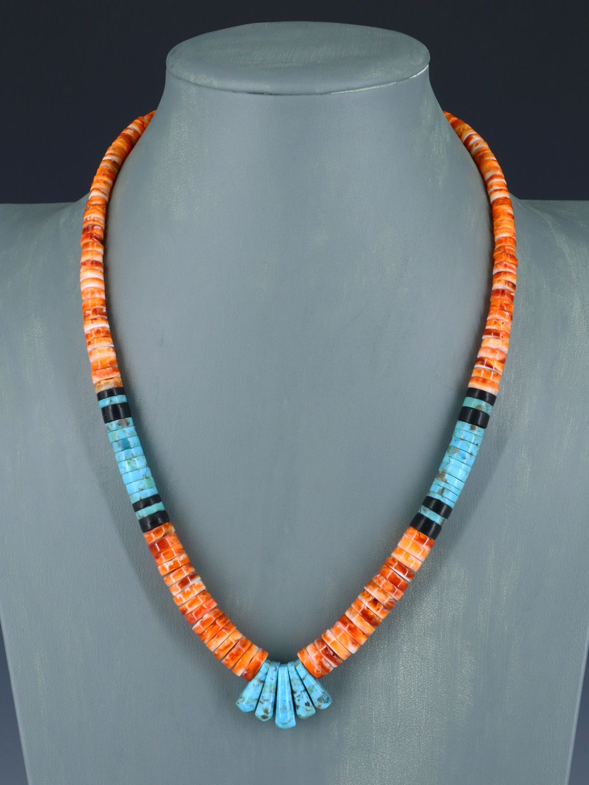 Native American Jewelry Single Strand Orange Spiny Oyster and Turquoise Necklace