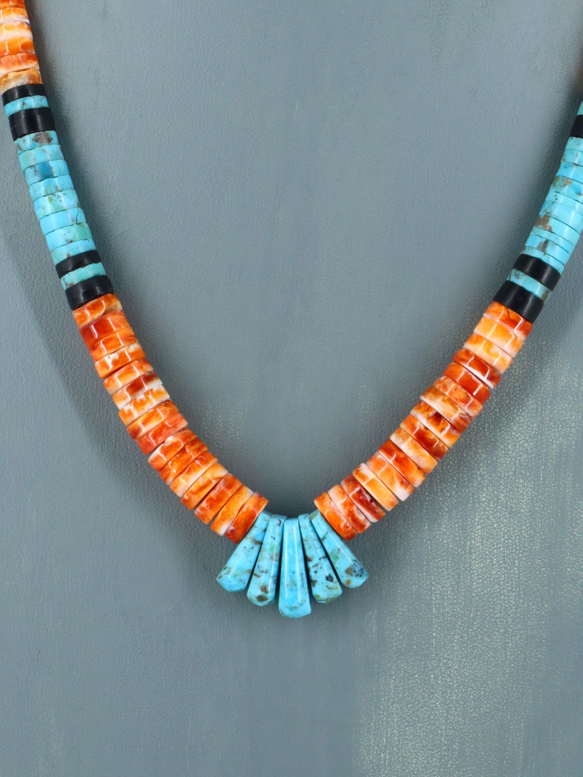 Native American Jewelry Single Strand Orange Spiny Oyster and Turquoise Necklace