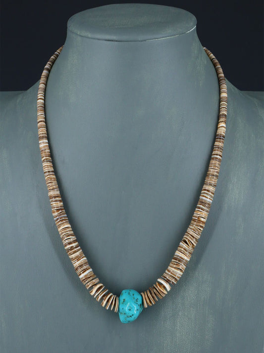 Native American Single Strand Shell Heishi and Turquoise Necklace