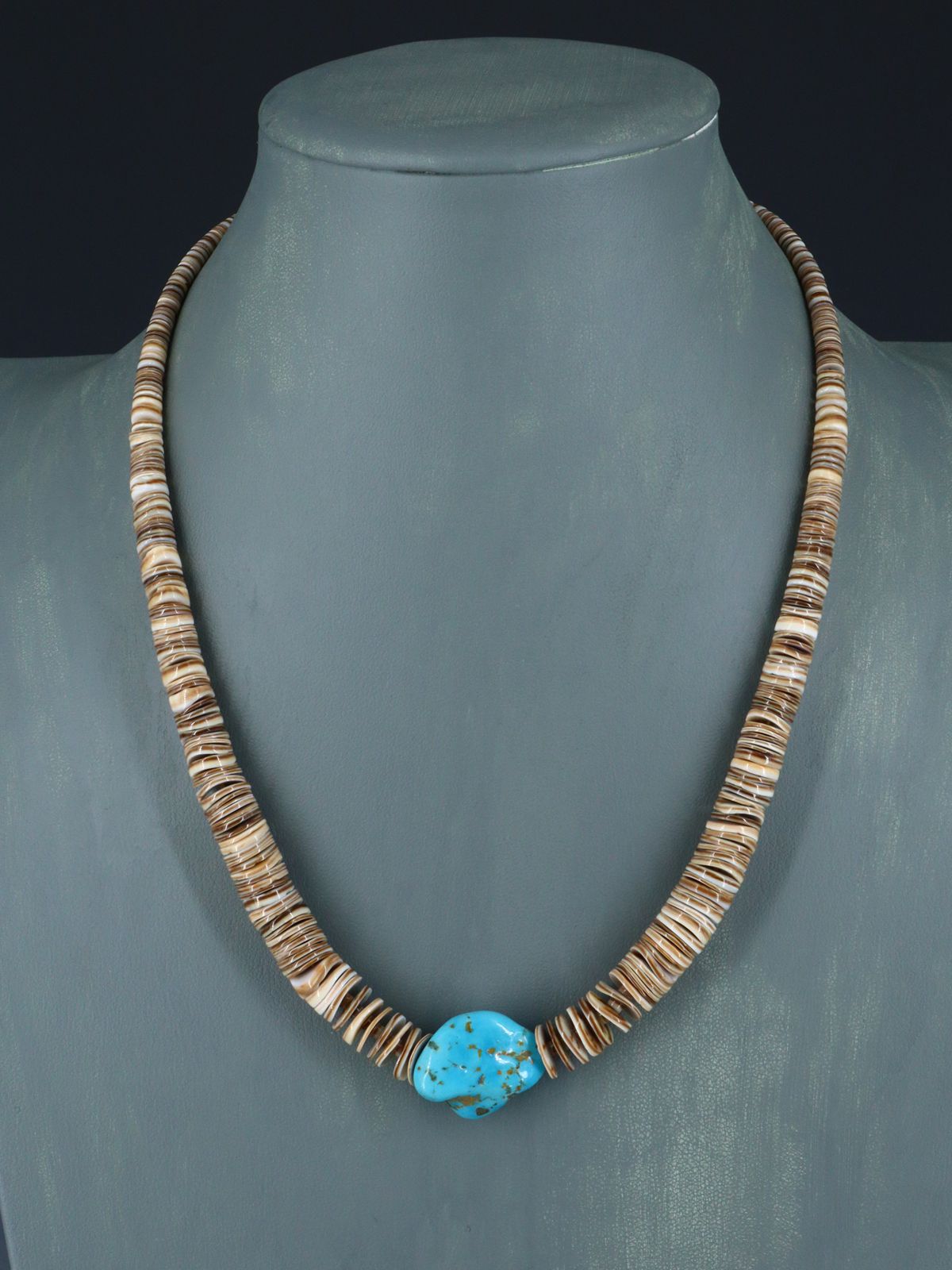 Native American Single Strand Shell Heishi and Turquoise Necklace