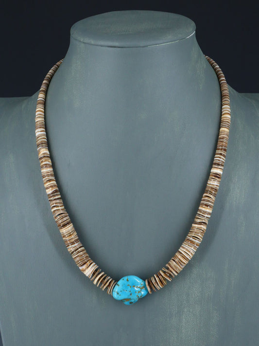 Native American Single Strand Shell Heishi and Turquoise Necklace