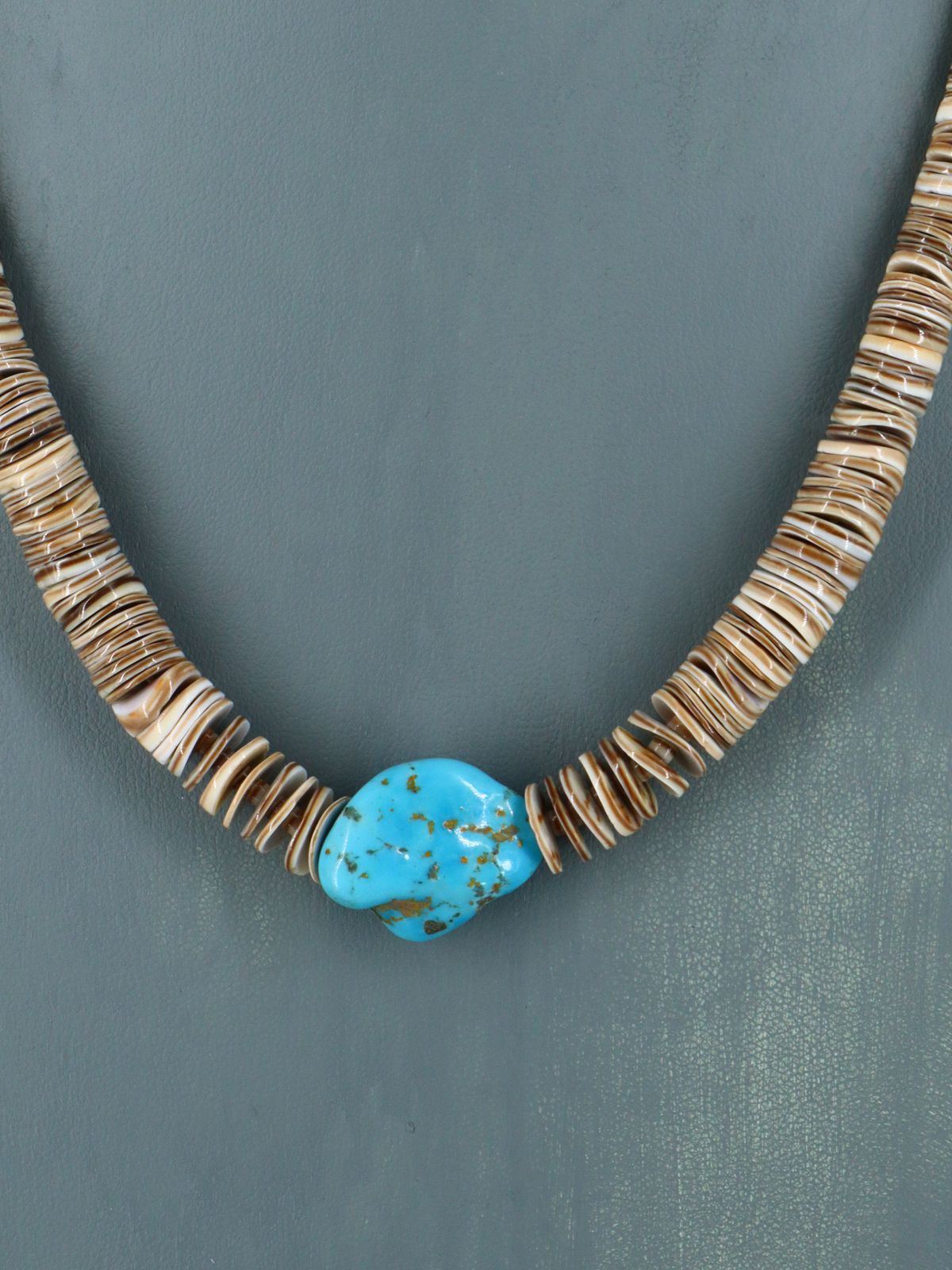 Native American Single Strand Shell Heishi and Turquoise Necklace