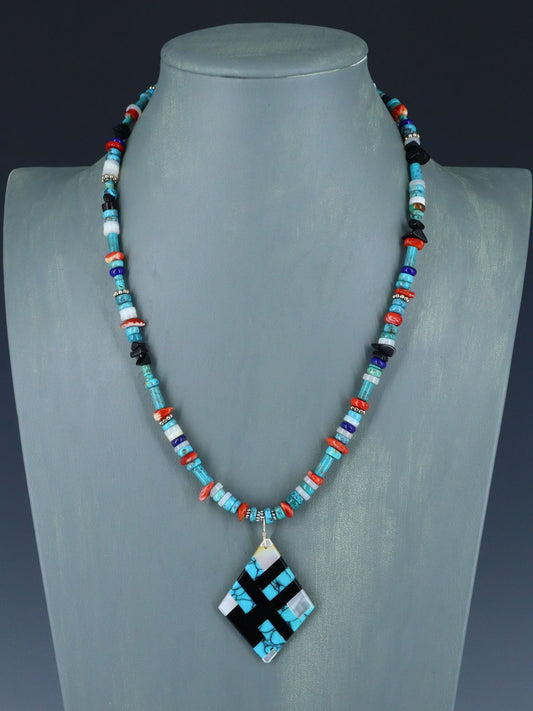 Native American Santo Domingo Turquoise Mosaic Inlay Necklace