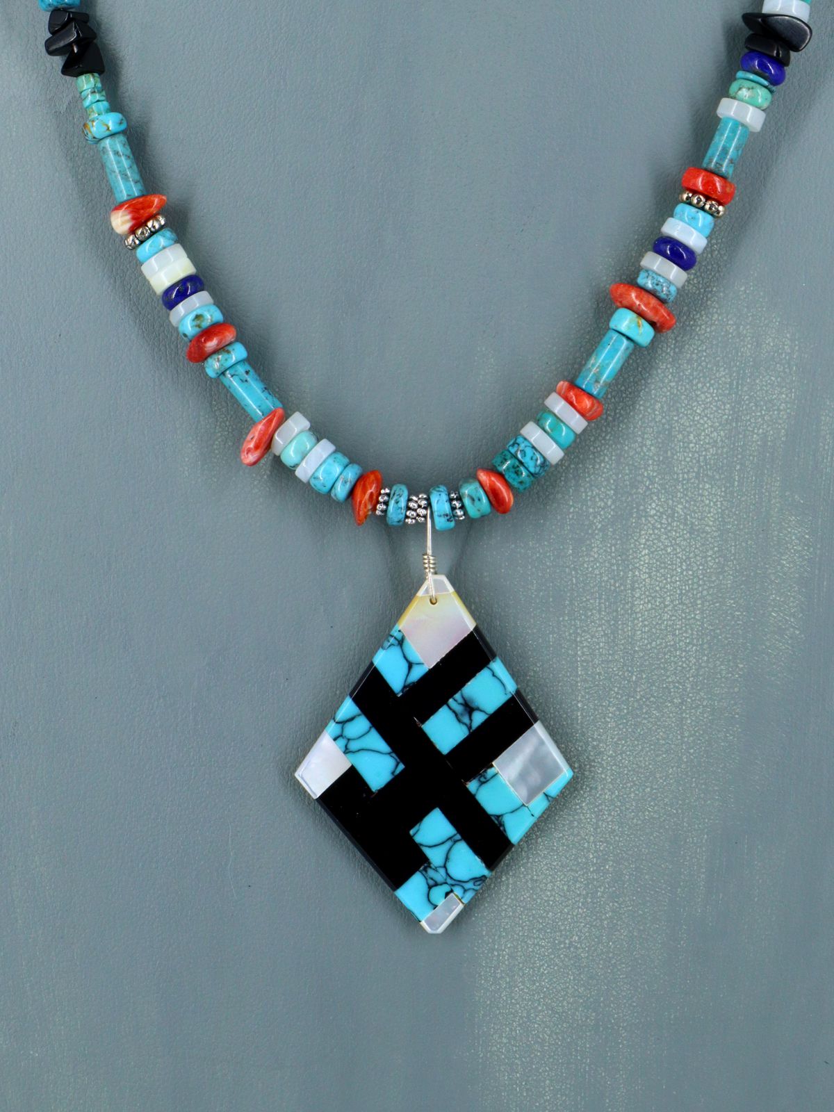 Native American Santo Domingo Turquoise Mosaic Inlay Necklace