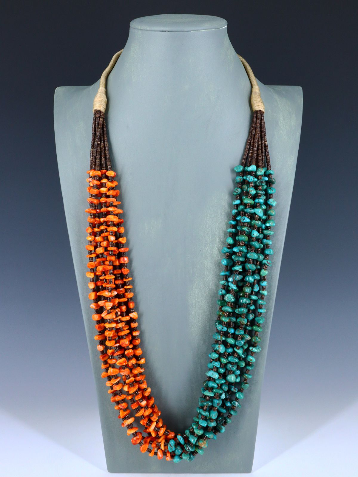Native American Jewelry Turquoise and Spiny Oyster Six Strand Necklace