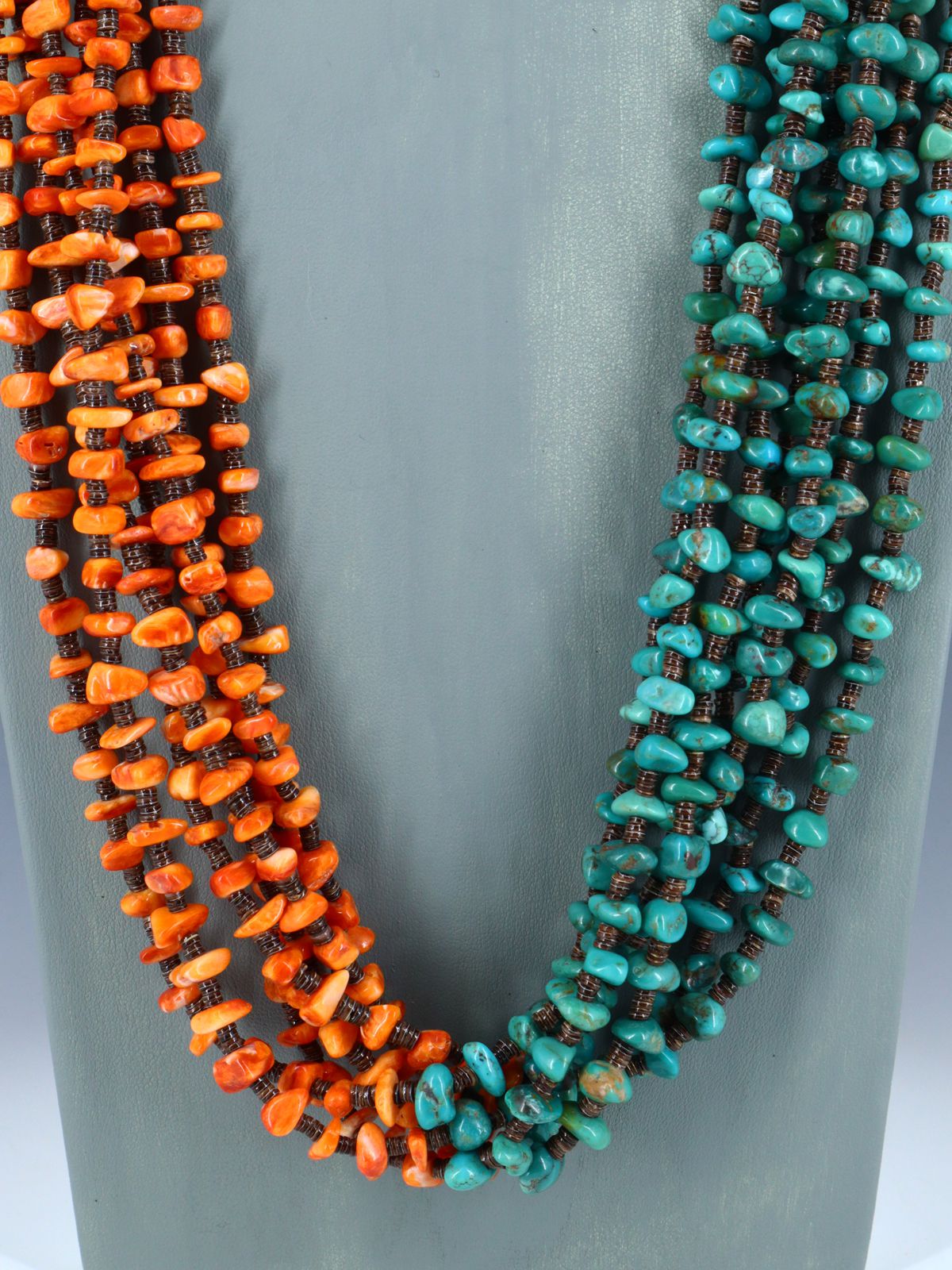 Native American Jewelry Turquoise and Spiny Oyster Six Strand Necklace