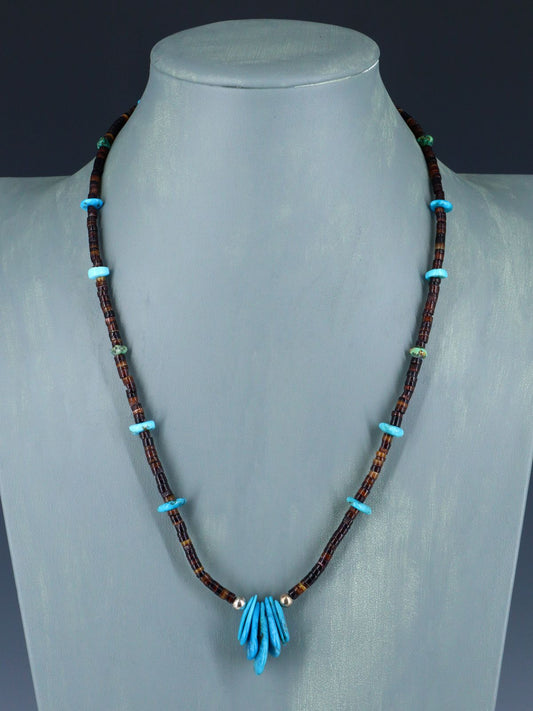 Native American Single Strand Shell Heishi and Turquoise Necklace