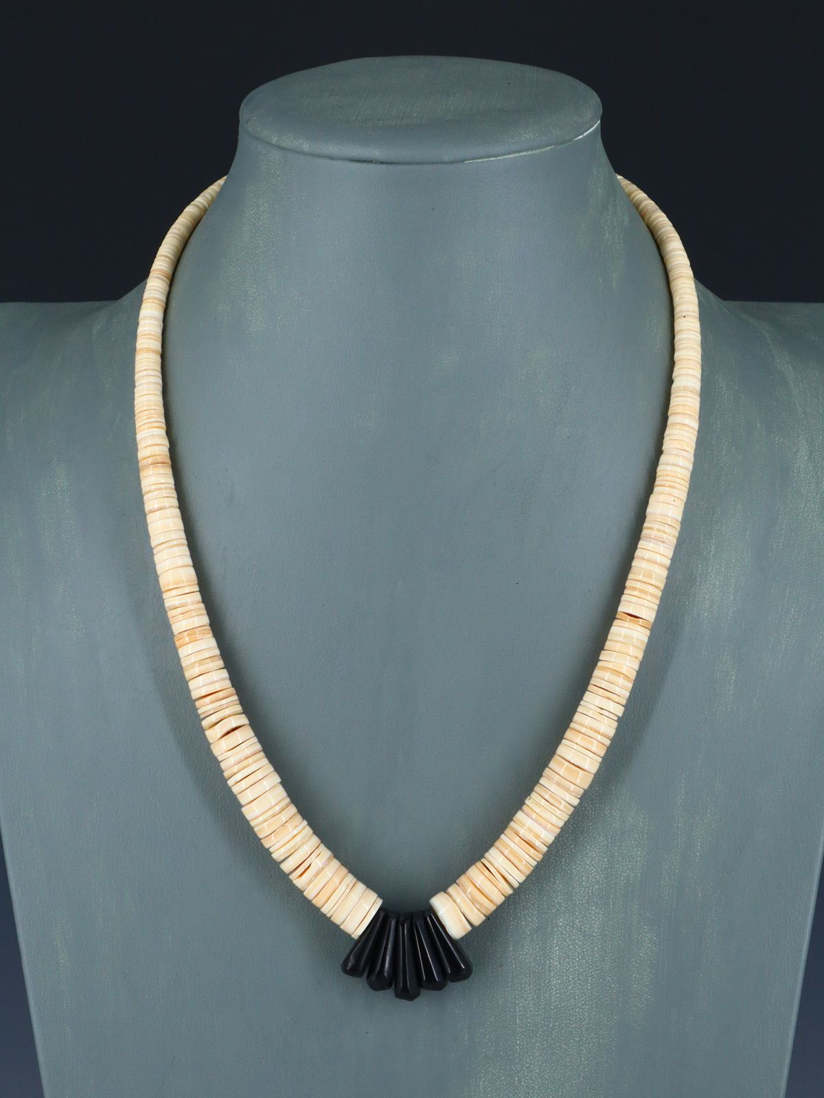 Native American Jewelry Single Strand Shell Heishi and Jet Necklace