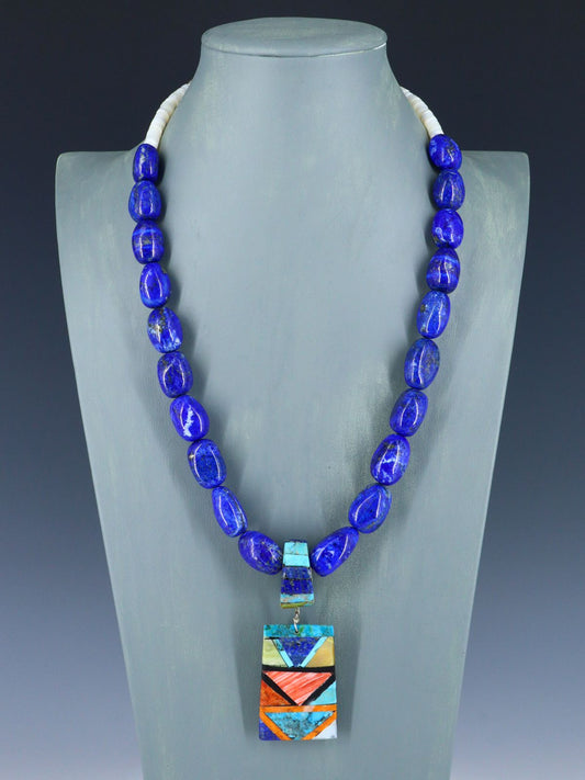 Native American Santo Domingo Lapis Mosaic Inlay Necklace