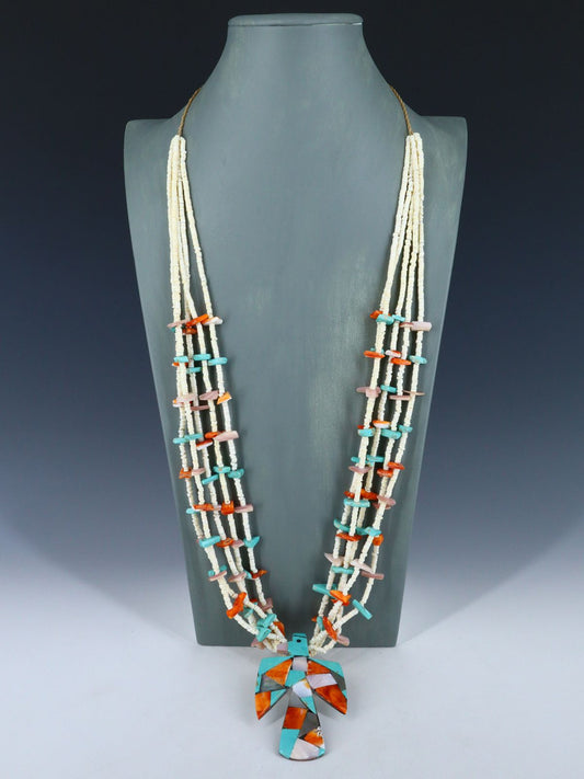 Santo Domingo Jewelry Five Strand Heishi Mosaic Thunderbird Necklace