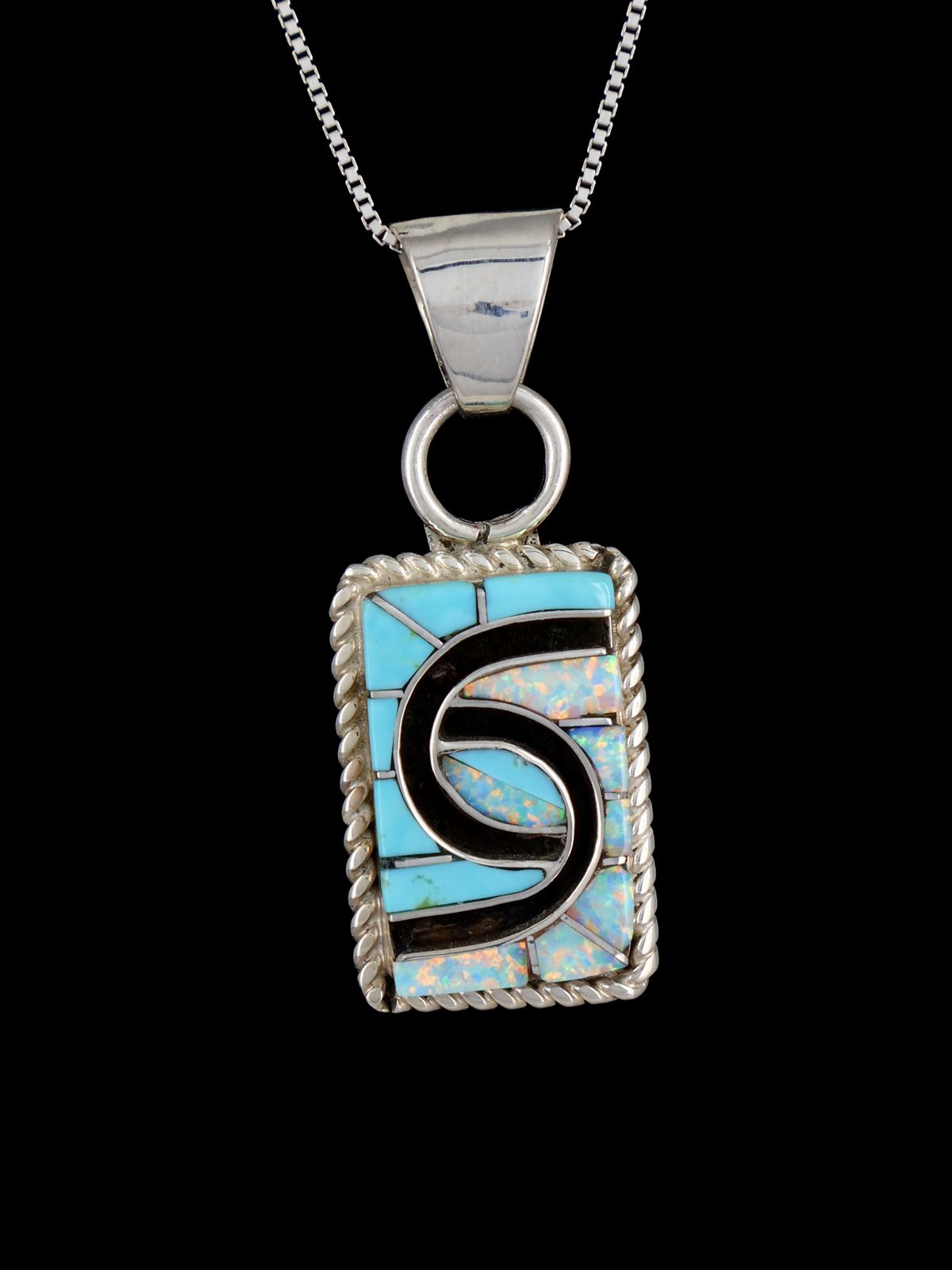 Turquoise and Opalite Sterling Silver Zuni Inlay Pendant