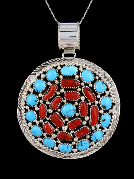 Native American Kingman Turquoise and Coral Cluster Pendant