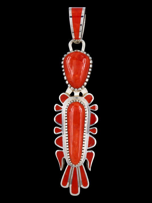 Navajo Heavy Natural Coral Sterling Silver Inlay Pendant