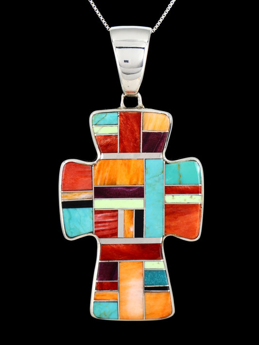 Navajo Multistone Sterling Silver Inlay Cross Pendant