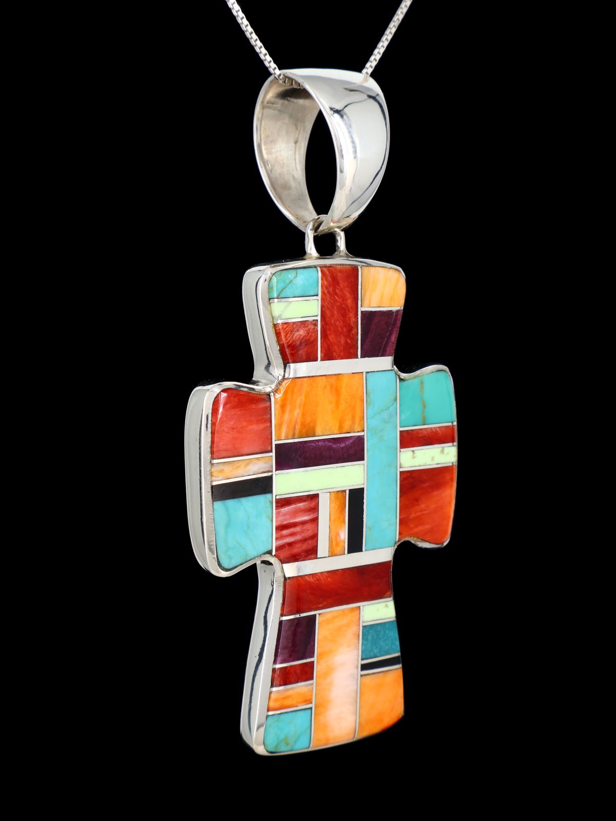 Navajo Multistone Sterling Silver Inlay Cross Pendant