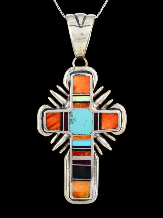 Navajo Multistone Sterling Silver Inlay Cross Pendant