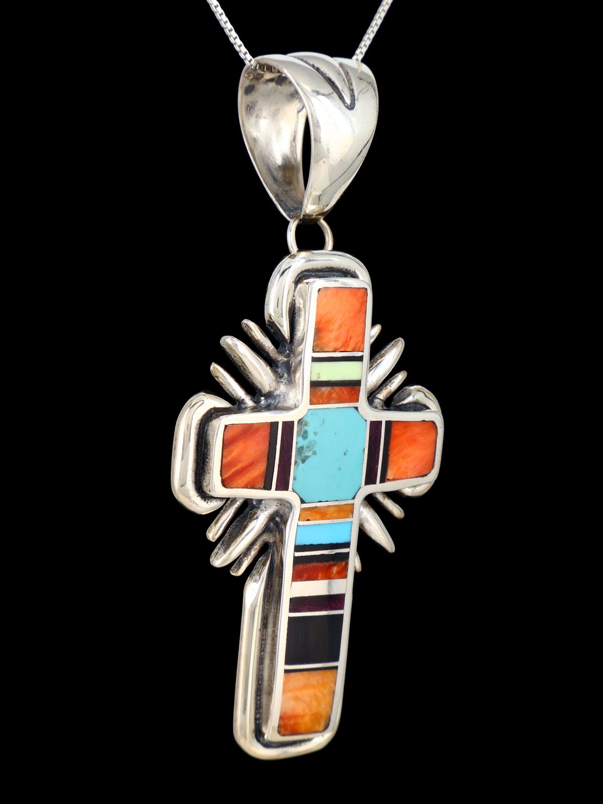 Navajo Multistone Sterling Silver Inlay Cross Pendant