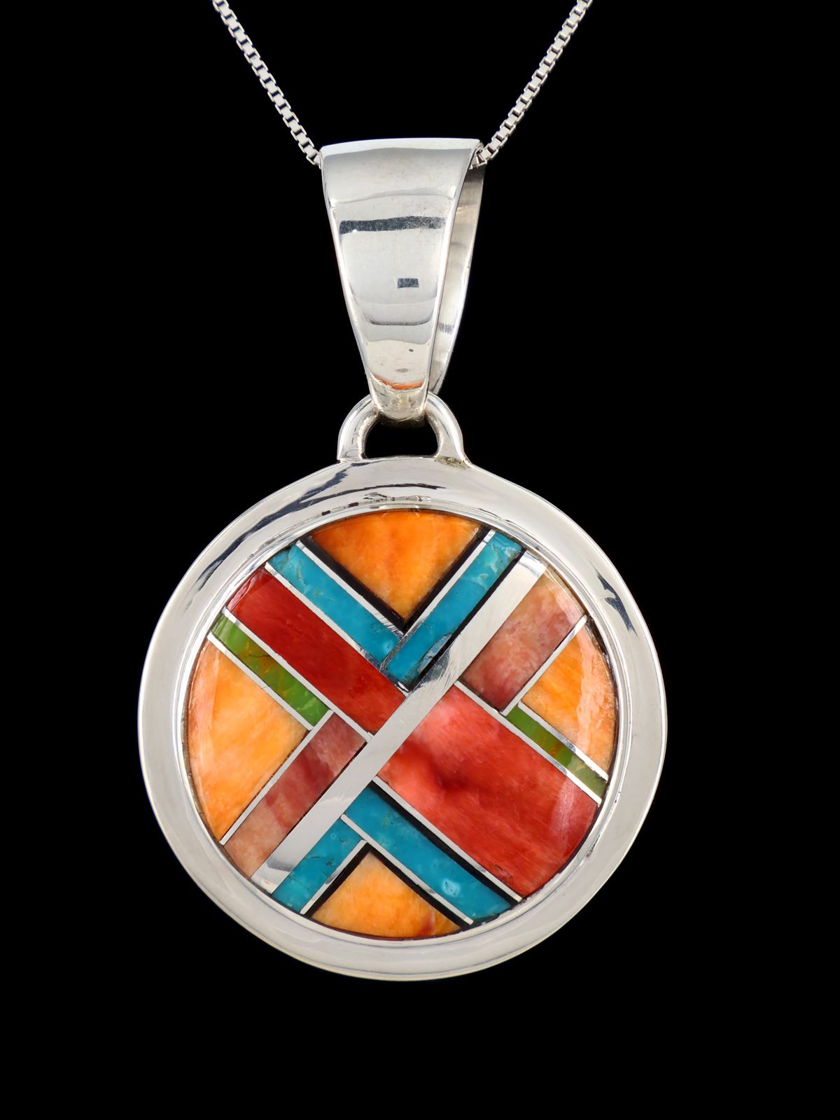 Navajo Multistone Sterling Silver Inlay Round Pendant