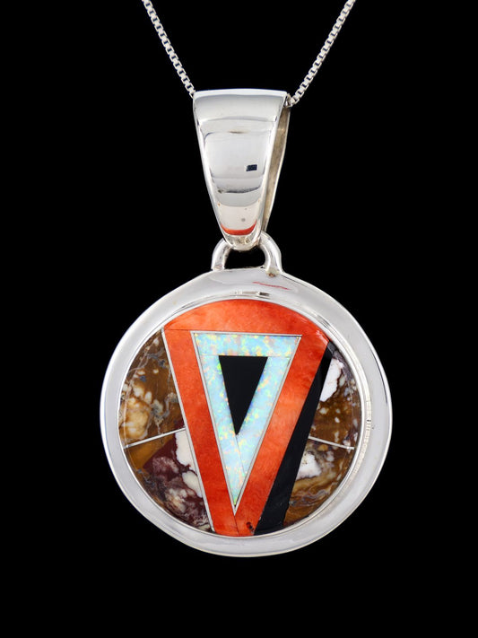 Navajo Multistone Sterling Silver Inlay Round Pendant