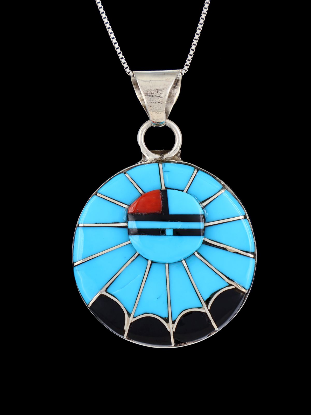 Turquoise and Coral Sterling Silver Zuni Inlay Sunface Pendant