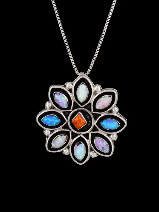 Native American Zuni Inlay Opalite Flower Pendant