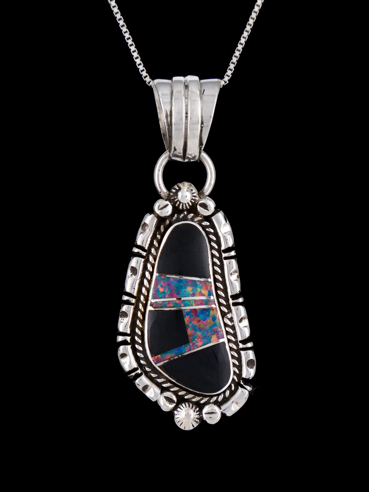 Navajo Sterling Silver Jet and Opalite Inlay Pendant