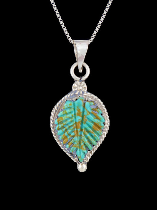 Native American Sterling Silver Carved Turquoise Leaf Pendant