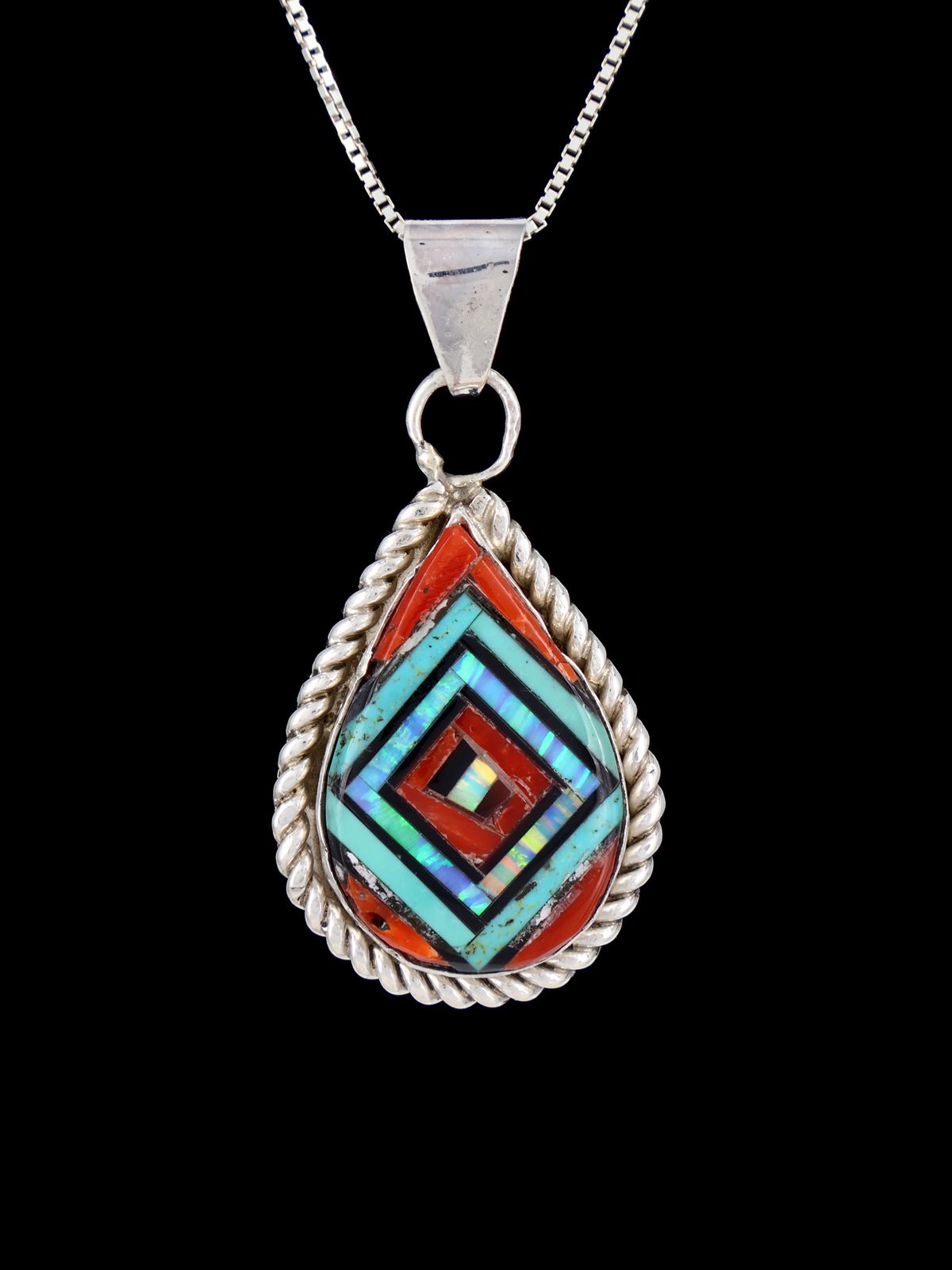 Native American Zuni Inlay Coral and Turquoise Lapis Pendant