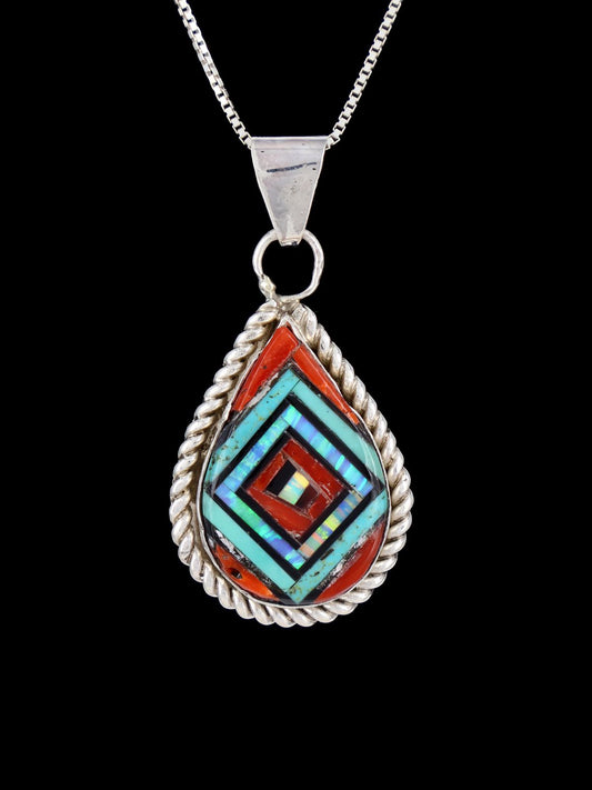 Native American Zuni Inlay Coral and Turquoise Lapis Pendant