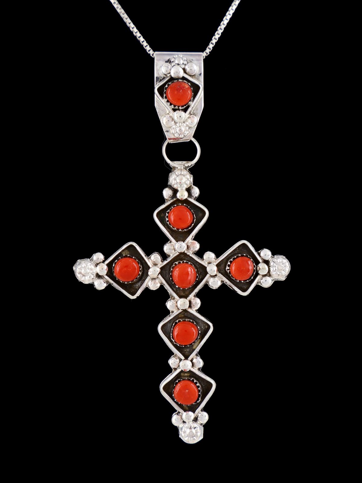 Sterling Silver Zuni Coral Cross Pendant