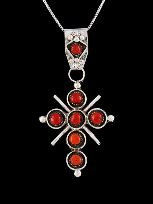 Sterling Silver Zuni Coral Cross Pendant