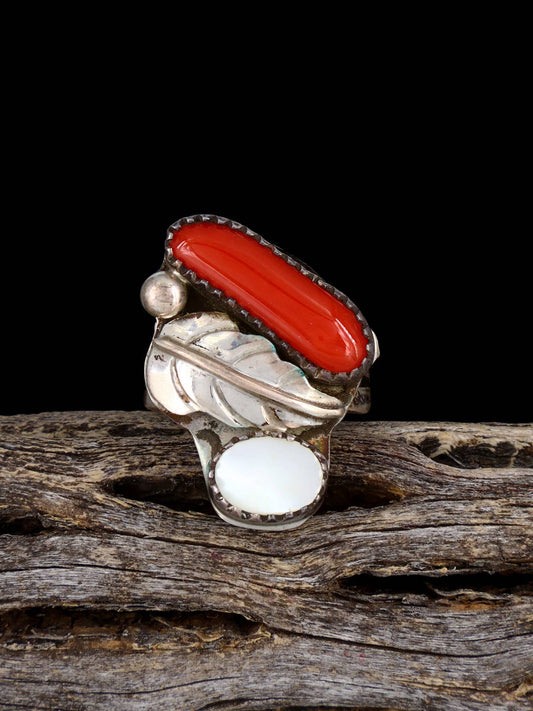 Estate Sterling Silver Coral and Mother of Pearl Ring, Size 4 3/4