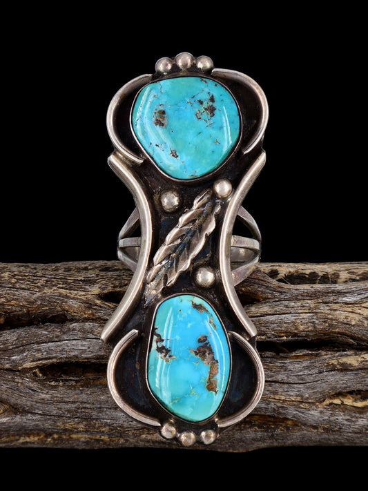 Old Sterling Silver Two Stone Turquoise Ring, Size 8