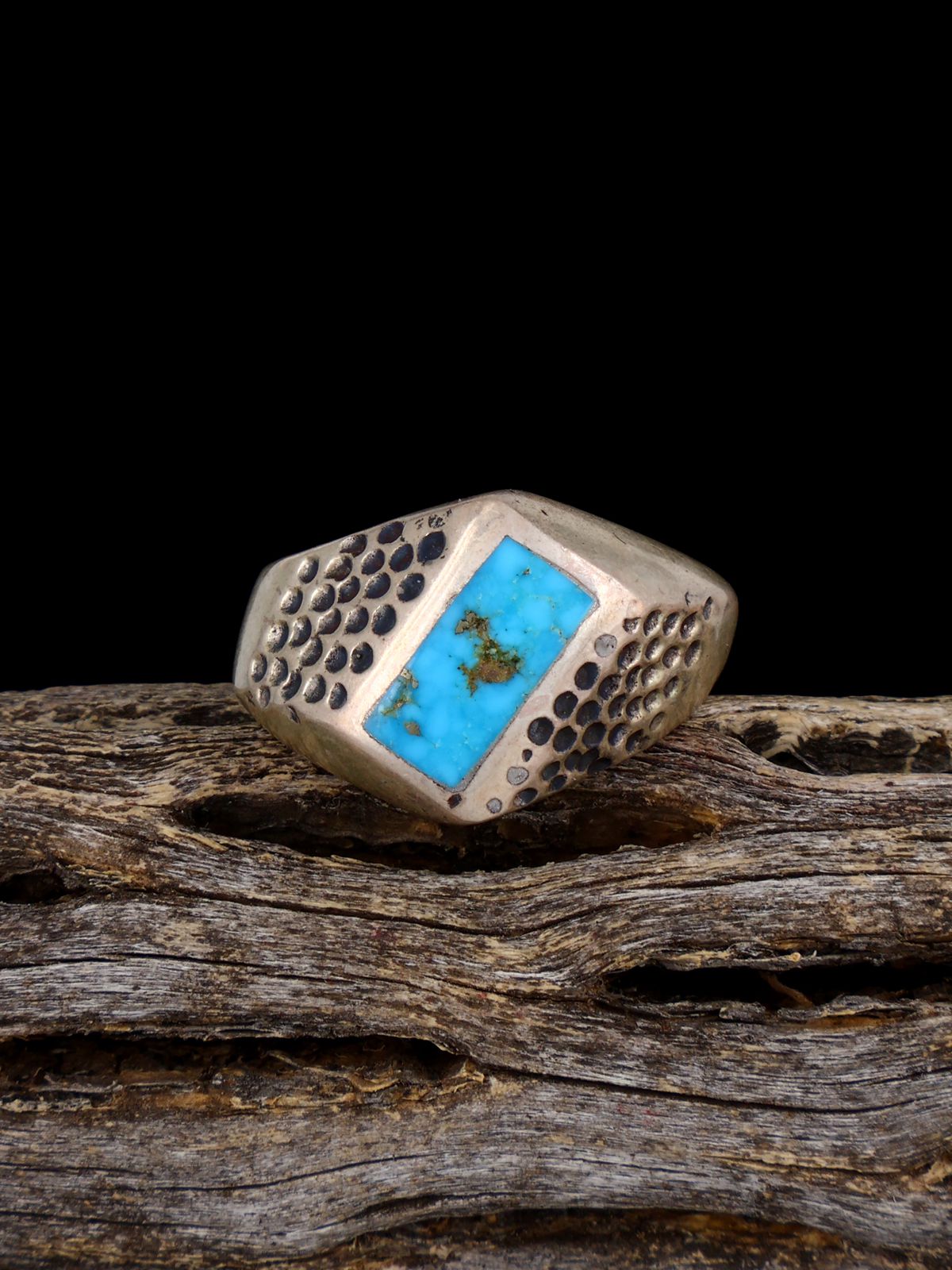 Old Sterling Silver Turquoise Inlay Ring, Size 7 1/2