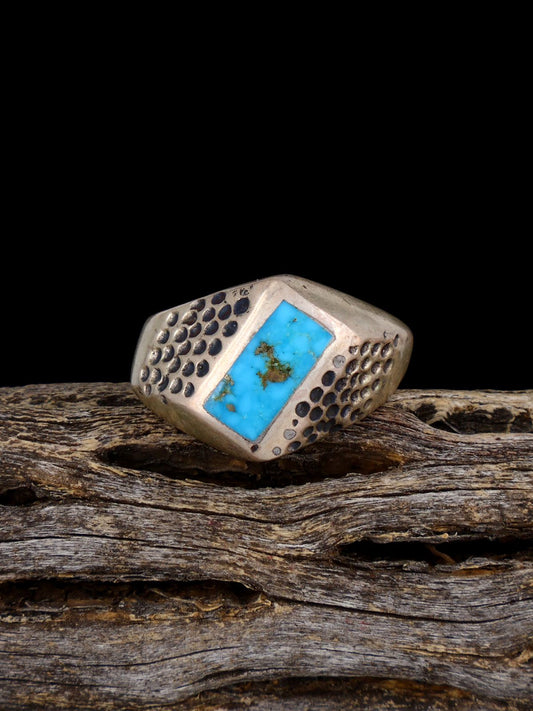 Old Sterling Silver Turquoise Inlay Ring, Size 7 1/2