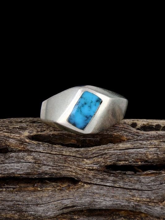 Old Sterling Silver Turquoise Inlay Ring, Size 7 3/4