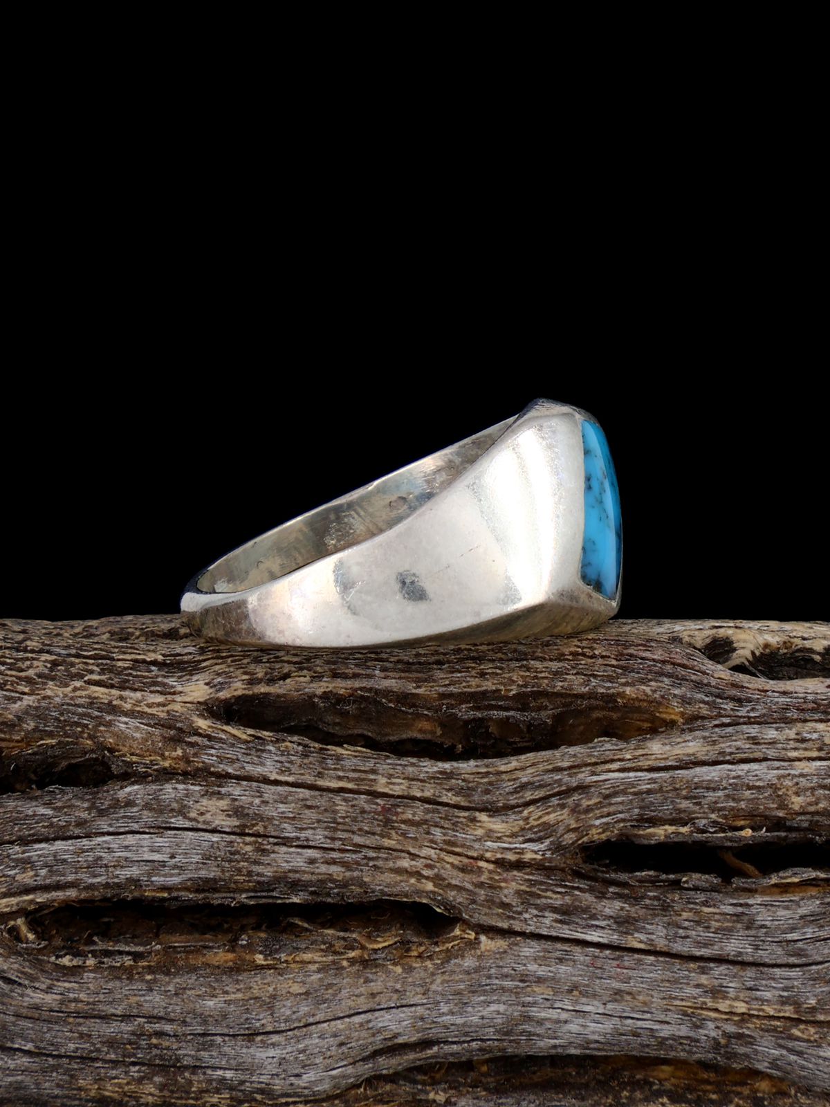 Old Sterling Silver Turquoise Inlay Ring, Size 7 3/4