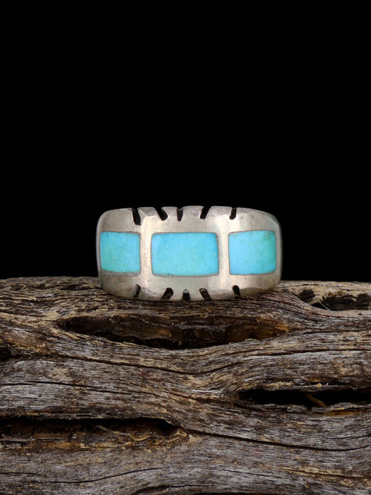 Old Sterling Silver Turquoise Inlay Ring, Size 6 1/4